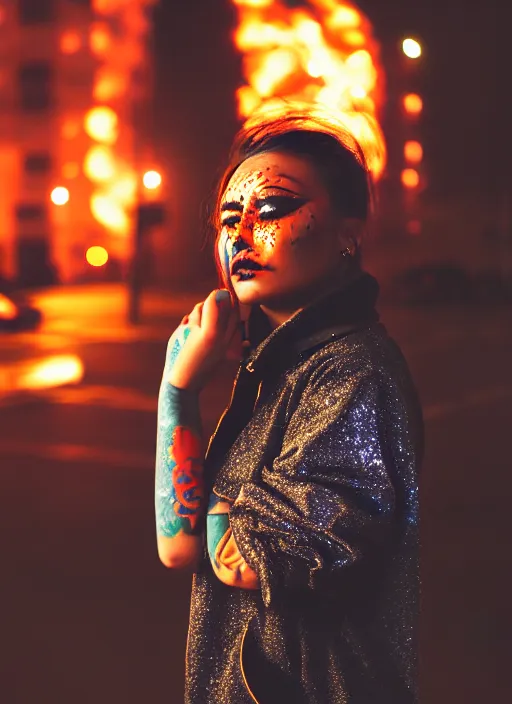 Prompt: Cinestill 50d candid photography of a city on fire, a techwear mixed woman wearing thick mascara and dark glitter makeup crying outside of a city on fire, tattoos, tilted frame, 4k, 8k, hd, full color