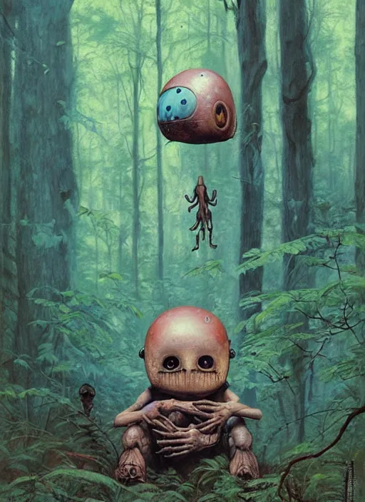 Image similar to cuddly friendly alien in the woods by a river gorgeous lighting, lush forest foliage blue sky a hyper realistic painting by chiara bautista and beksinski and norman rockwell and greg rutkowski, weta studio, and lucasfilm