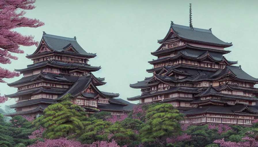 Image similar to A highly detailed matte painting of the huge japanese castle, wooden and dark, with matsu pine trees, with sakura cherry trees, by Studio Ghibli, Makoto Shinkai, by Artgerm, by beeple, by Greg Rutkowski, volumetric lighting, octane render, 4K resolution, trending on artstation, masterpiece