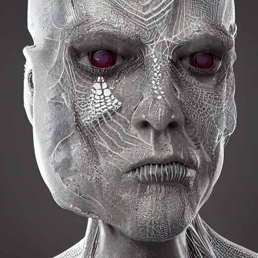 Image similar to hr giger and beeple and artgerm 3 d render of a man with fractal spiderwebs all over his face, detailed, reflections, realistic, unreal engine, cgsociety