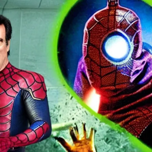 Image similar to Bruce Campbell as mysterio fighting spiderman with a chainsaw hand