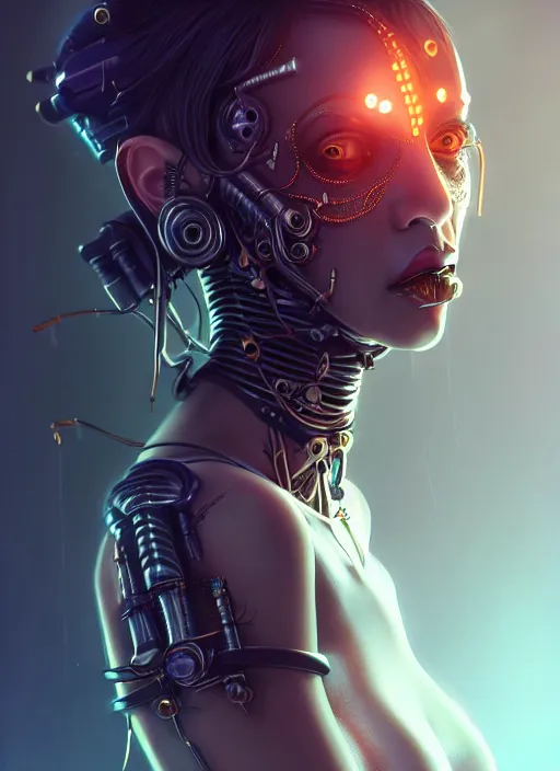 Image similar to soft lustrous full body ebony biotech raver gutter punk gothic cyborg, golden ratio, details, scifi, fantasy, cyberpunk, intricate, decadent, highly detailed, digital painting, octane render, artstation, concept art, smooth, sharp focus, illustration, art by artgerm, loish, wlop