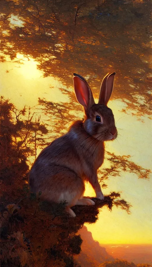 Image similar to hyper realistic rabbit looking off of a cliff, sun setting behind rabbit, lush forest in valley below, painted by gaston bussiere, craig mullins, j. c. leyendecker 8 k