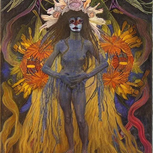 Prompt: masterpiece painting of a dark flower shaman, by annie swynnerton and jean delville and diego rivera and evelyn de morgan, facemask made of flowers, art brut, outsider art, symbolist, dramatic lighting, god rays, elaborate geometric ornament, clean crisp graphics, smooth sharp focus, extremely detailed, adolf wolfli