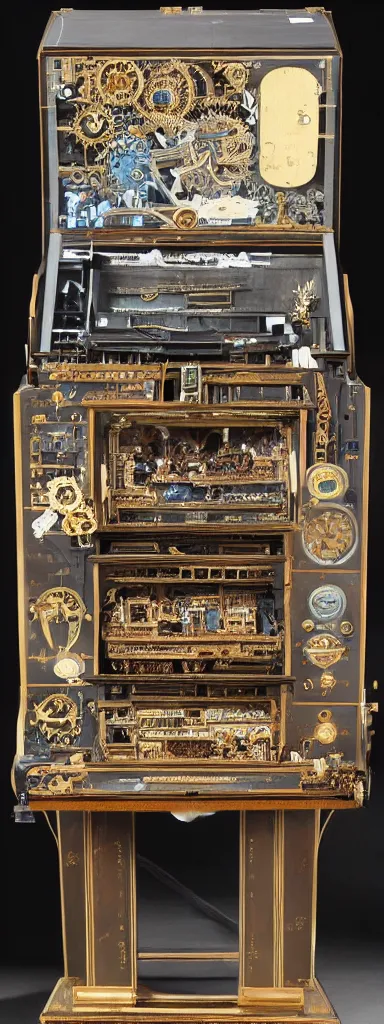 Image similar to An intricate, highly detailed and technologically advanced steampunk computer painted by Rene Magritte and Salvador Dali