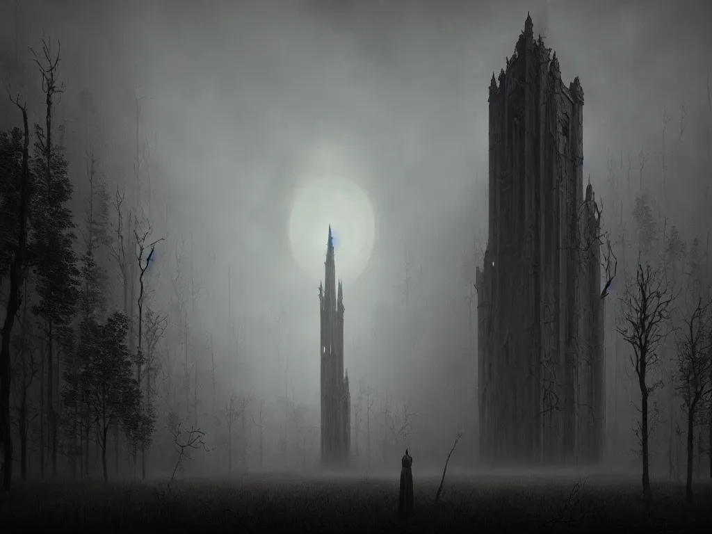 Prompt: cinematic landscape, nightmare gothic tower emanating an eerie glow rising from a haunted forest by zdzisław beksinski, photorealistic ultrasharp hyperdetailed octane render