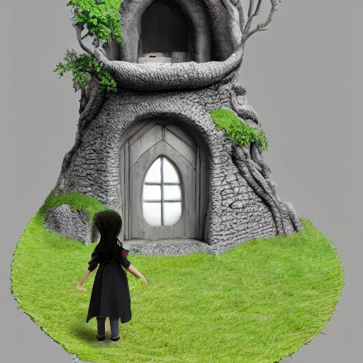 Image similar to cute hobbit hole from lord of the rings, character design contest winner, silhouette, artstation, vray, anime girl, black and white, gothic dress