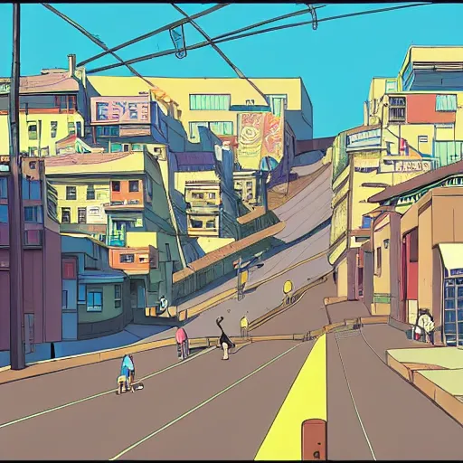 Image similar to city street, sloped street, city on tall hillside, street scene, rollerbladers grinding on rails, skaters, rollerskaters, cel - shading, 2 0 0 1 anime, flcl, jet set radio future, golden hour, japanese town, concentrated buildings, japanese neighborhood, electrical wires, cel - shaded, strong shadows, vivid hues, y 2 k aesthetic