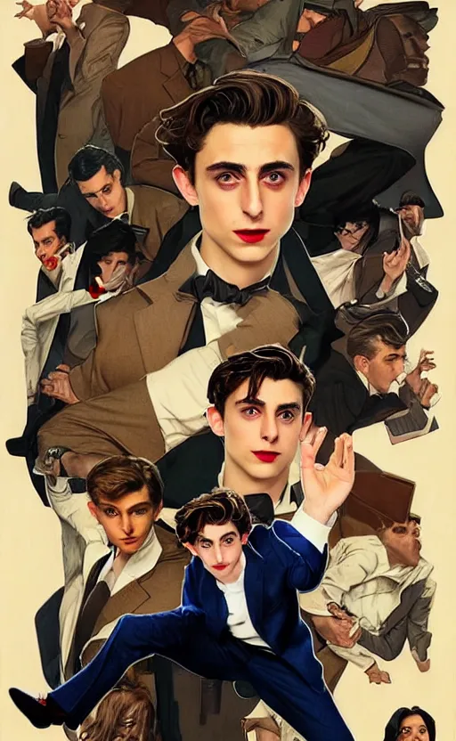 Prompt: Timothee Chalamet as Peter parker, night time, +++ super super super dynamic posing, j.c. leyendecker, Valentina Remenar, thick eyebrows, super serious facial expression