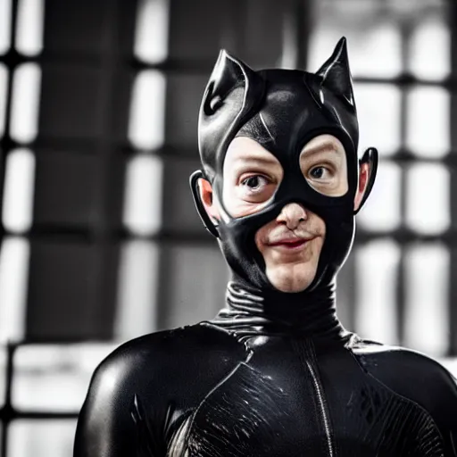 Image similar to Mark Zuckerberg as Catwoman, 105mm, Canon, f/4, ISO 100, 1/200s, 8K, RAW, symmetrical balance, Dolby Vision, Aperture Priority