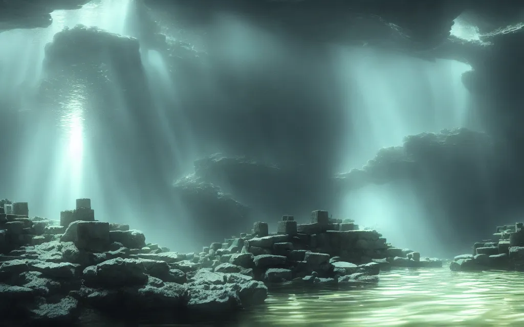 Image similar to wide shot, submerged pre - incan temple, dark, grenada underwater sculpture park, bubbles, abyss, stylized, anime style mixed with fujifilm, detailed gouache paintings, crepuscular rays, dark, murky, foggy, atmospheric, artstation, cgsociety, octane render, cgi, unreal engine 5, denoise, cinematic masterpiece