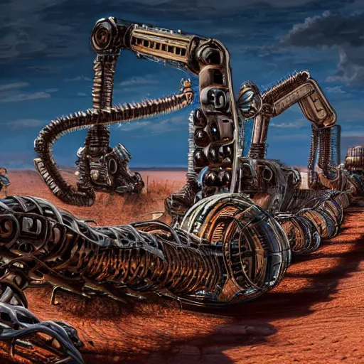 Image similar to giant robotic steampunk centipede in a desert, extremely detailed, hdr, unreal engine, robotic, retro, beautiful, sunny, intense, cinematic lighting,