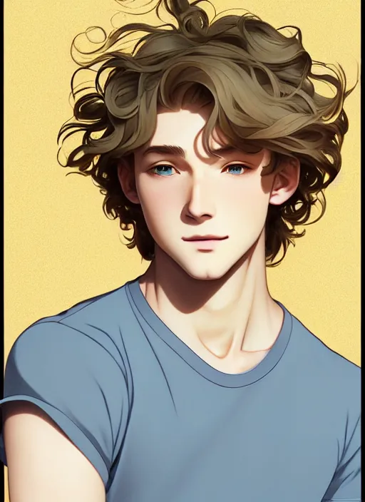 Image similar to young man with medium - length, curly, golden hair, perfectly proportioned face, aquamarine eyes, sweet smile, natural lighting, path traced, highly detailed, high quality, cartoon, digital painting, by new haicheng and studio ghibli and alphonse mucha