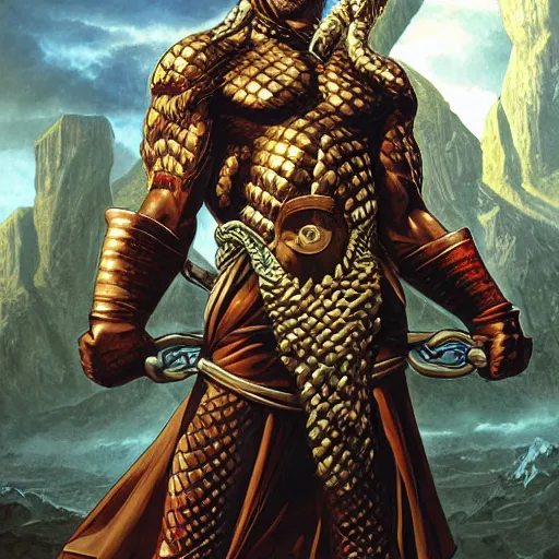 Image similar to serpent - man warlord - king, wearing glorious bronze age plate armor, horrific background, high quality, high definition, 8 k, photograph photorealistic by alex ross