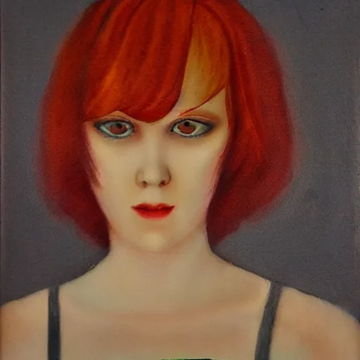 Image similar to portrait of a redhead woman by witkacy, mixed technique