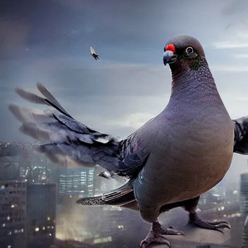 Prompt: Stunning Hyperealistic portrait of a pigeon as Godzilla destroying Sydney city