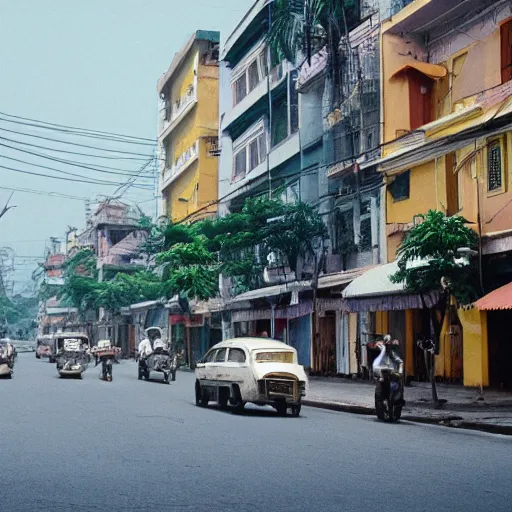 Image similar to Wes Anderson film still in Saigon without people. Establishing shot. 8k resolution. Pastel. Sharp. Whimsical.