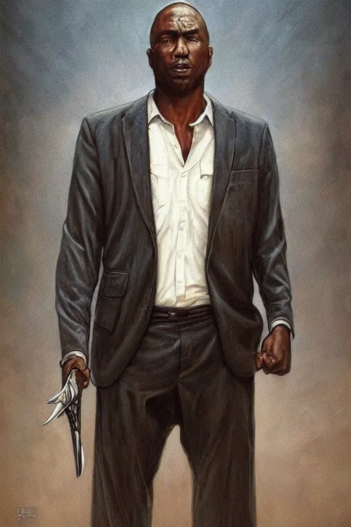 Image similar to a black man wearing a white shirt tucked into slacks. he is wielding a knife with a confident and smug look on his face. in the style of of true detective. art by tomasz alen kopera and glenn fabry.