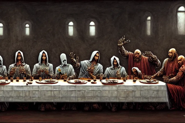 Image similar to painting of tech priests dining at the last supper, adeptus mechanicus!, cybernetic enhancements attached to their bodies, praise the omnissaiah, zdzislaw beksinski, lewis jones, mattias adolfsson, warhammer 4 0 k!!, cold hue's, warm tone gradient background, concept art, digital painting