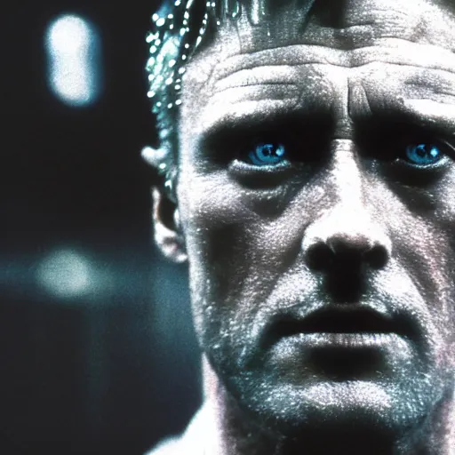 Prompt: a 3 5 mm close up photo of roy batty from blade runner, cyberpunk, head down rain drops on skin, tears in the rain, moody, cinematic, realistic, low light