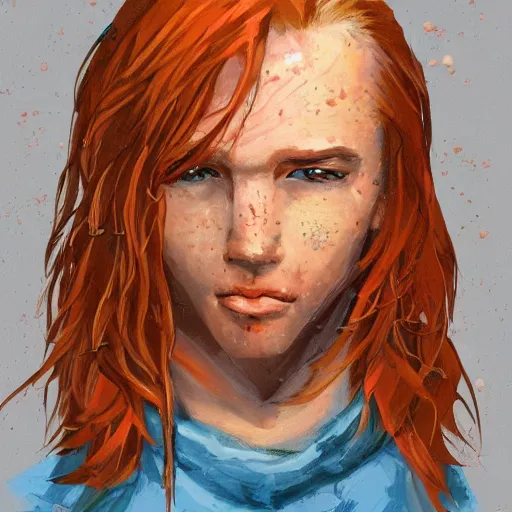 Image similar to portrait of a teen boy with long red hair and a lot of freckles and muscular, intricate, highly detailed, digital painting, artstation, sharp focus, illustration