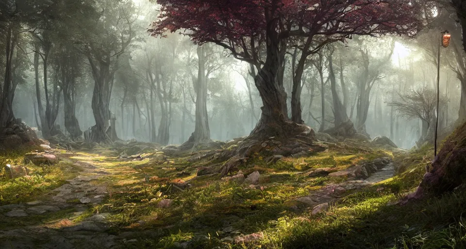 Image similar to Beautiful uplifting glade with elven pathmarkers along the road bg. J.R.R. Tolkien's Middle-Earth. Trending on Artstation. Digital illustration. Artwork by Darek Zabrocki and Sylvain Sarrailh. Concept art, Concept Design, Illustration, Marketing Illustration, 3ds Max, Blender, Keyshot, Unreal Engine, ZBrush, 3DCoat, World Machine, SpeedTree, 3D Modelling, Digital Painting, Matte Painting, Character Design, Environment Design, Game Design, After Effects, Maya, Photoshop.
