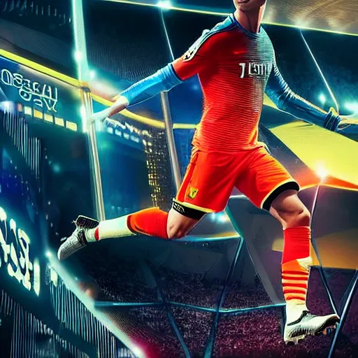 Image similar to cristiano ronaldo with futurist soccer outfit in a stadium with neon, night, cyberpunk, realistic, beautiful, fantasy