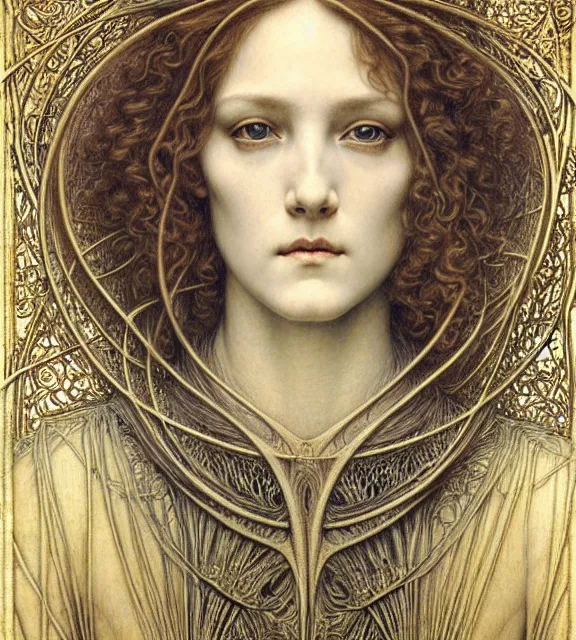 Image similar to detailed realistic beautiful young medieval queen face portrait by jean delville, gustave dore and marco mazzoni, art nouveau, symbolist, visionary, gothic, pre - raphaelite. horizontal symmetry