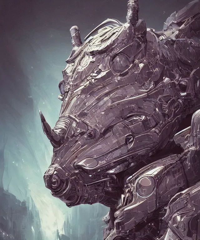 Image similar to an anthropomorphic rhinoceros portrait wearing a part cybernetic body, surrealism , scifi, intricate mecha armor, elegant, highly detailed cybernetic body, neon glowing eyes, digital painting, artstation, concept art, smooth, sharp focus, illustration, art by Artgerm and moebius and Peter Mohrbacher