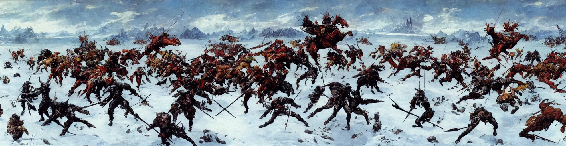 Image similar to panoramic battle of the knights on the frozen lake by Frazetta