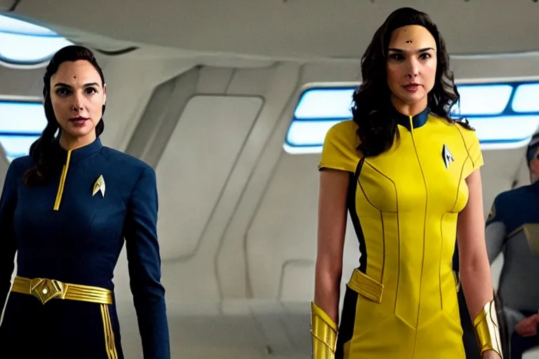 Image similar to Gal Gadot, wearing a yellow uniform, is the captain of the starship Enterprise in the new Star Trek movie