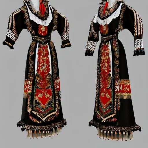 Image similar to ornate serbian traditional dress, fashion design, dress display, hyperrealistic, rendered 4 k, full view