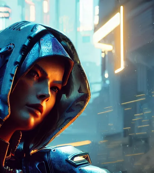 Prompt: cyberpunk 2 0 7 7, charismatic rugged female battle margot robbie - mage portrait, clothed in hooded, metal - plated battle armor atmospheric lighting painted intricate volumetric lighting, beautiful, sharp focus, ultra detailed by leesha hannigan, ross tran, thierry doizon, kai carpenter, ignacio fernandez rios