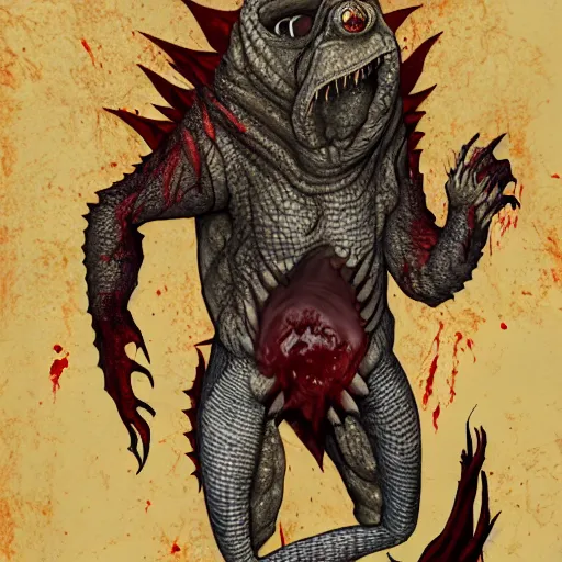 Image similar to big butcher anthropomorphic male lizardfolk posing scarily, scary angry pose, covered in blood, fresh kill, cleaver, in a cave, earie setting, lovecraft, eldritch, horror, hyperdetailed, furaffinity, anthro art