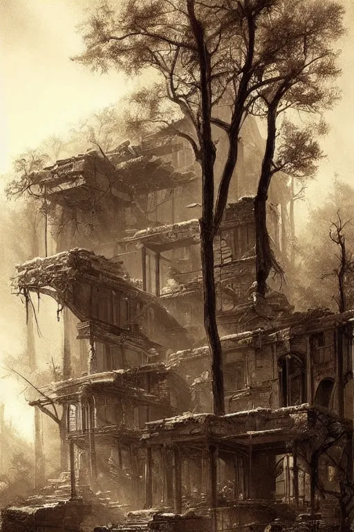 Image similar to (((((a ramshackle manhattan brick brownstone deep in the forest))))) by Raphael Lacoste!!!!!!!!!!!!!!!!!!!!!!!!!!!