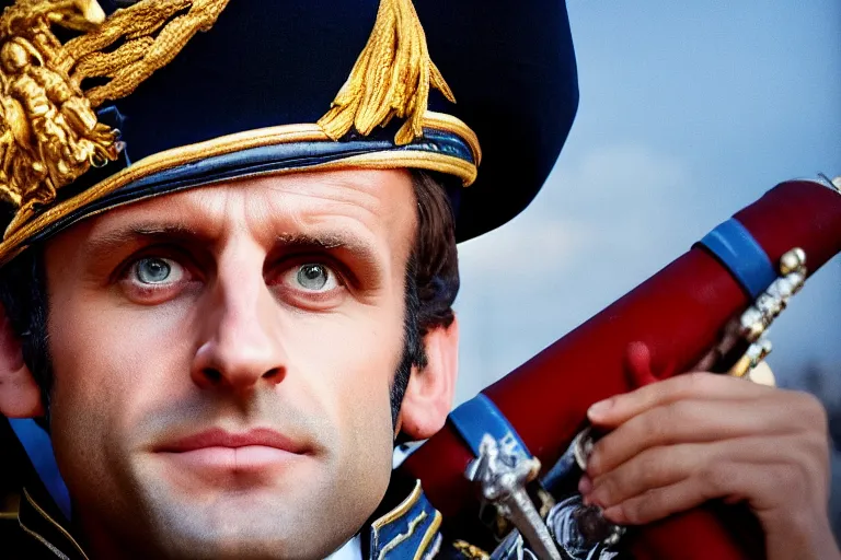 Image similar to closeup portrait of emmanuel macron dressed as napoleon with a cannon in the street, natural light, sharp, detailed face, magazine, press, photo, steve mccurry, david lazar, canon, nikon, focus