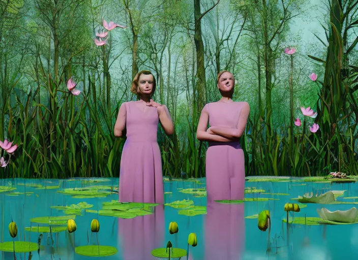 Image similar to cinematic mid shot of a high detail, woman's face looking off camera. fine facial features. she stands in an empty, pastel colourful 3 d, water lilly swamp, by jeffrey smart and gregory crewdson and edward hopper, inspired by the grand budapest hotel