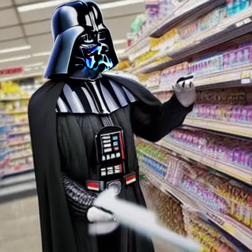 Prompt: darth vader deciding on which brand of cotton buds to buy at a supermarket, tough decision, manly