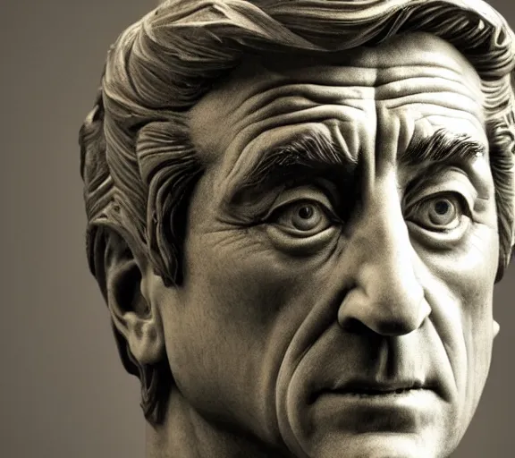 Image similar to a hyper-detailed marble status of Robert DeNiro by Michelangelo; anatomically correct; an extraordinary masterpiece!!!; proud posture; photorealistic eyes; trending on artstation; f/1.4; 90mm