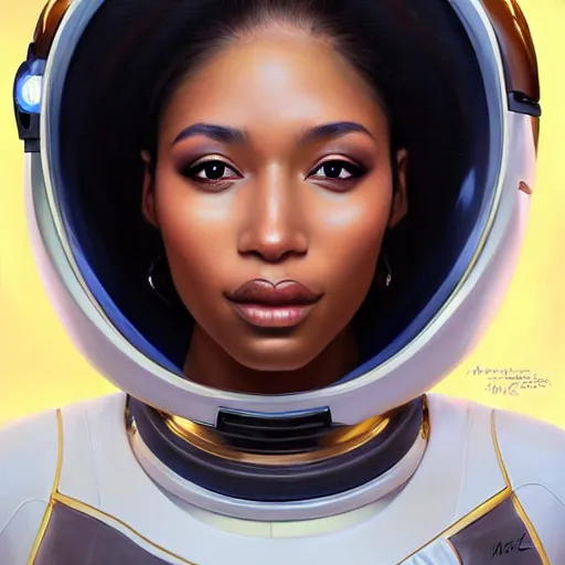 Prompt: a portrait of a very beautiful POC woman in a spacesuit, Alexandria's genesis, chin-length hair, bored, illustration, soft lighting, soft details, painting oil on canvas by mark arian by artgerm, trending on artstation, 4k, 8k, HD