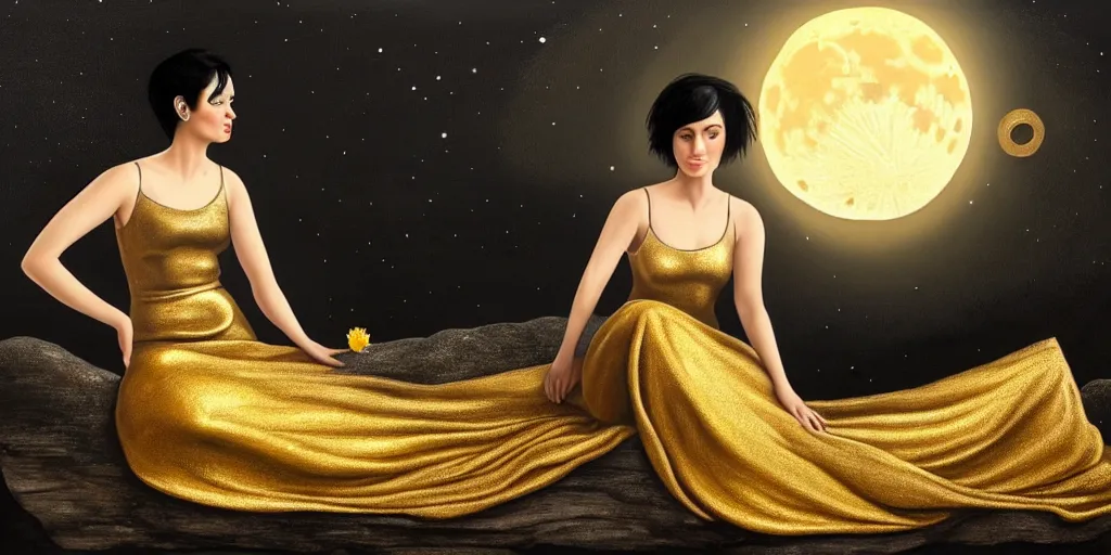 Prompt: very realistic beautiful painting of a woman with short black hair with golden details in it wearing a long metallic golden skirt covering her whole body holding flowers and levitating a pear, sun on the left moon on the right as she is sitting on a rock at night time, hyper realistic 8K HD, highly detailed