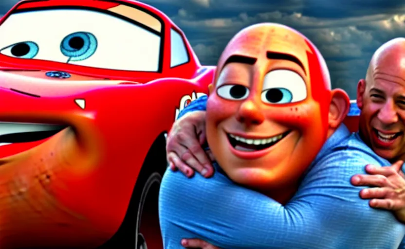 Image similar to vin diesel hugging lightning mcqueen from cars the movie,