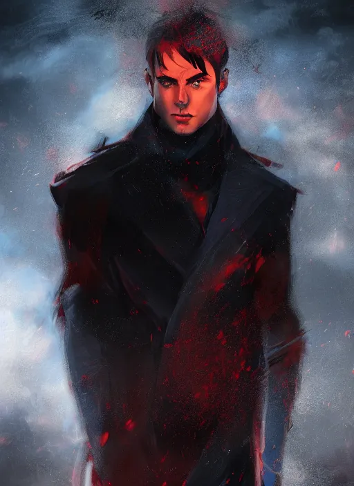 Image similar to An epic fantasy comic book style portrait painting of a young man with black cowlick haircut, wearing black overcoat, red clothes, blue jeans. Unreal 5, DAZ, hyperrealistic, octane render, cosplay, RPG portrait, dynamic lighting