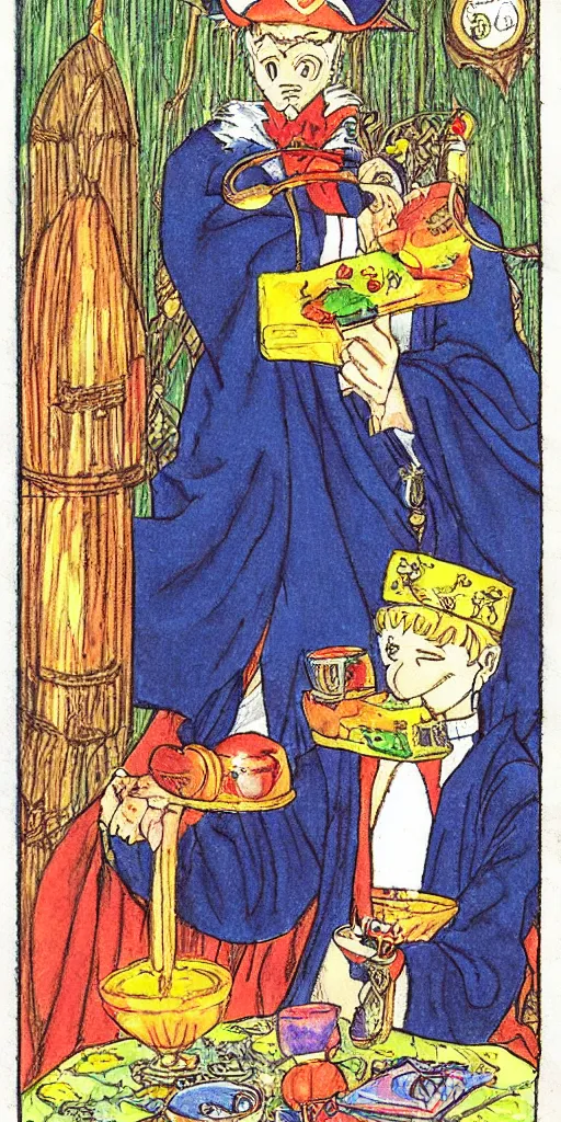 Image similar to a mystical man with a goblet on the table, wizard hat, drawn by Naoko Takeuchi, tarot card