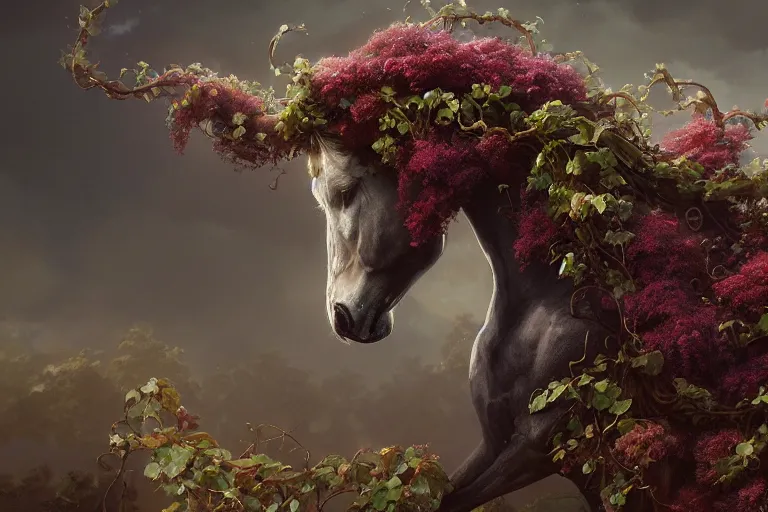 Image similar to a stunning horse with a mane of vines and flowers by greg rutkowski, high key lighting, volumetric light, digital art, highly detailed, fine detail, intricate, ornate, complex, octane render, unreal engine, photorealistic