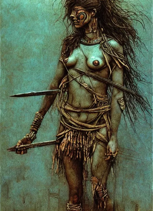 Prompt: warrior girl in tribal painting by Beksinski and Arthur Rackham