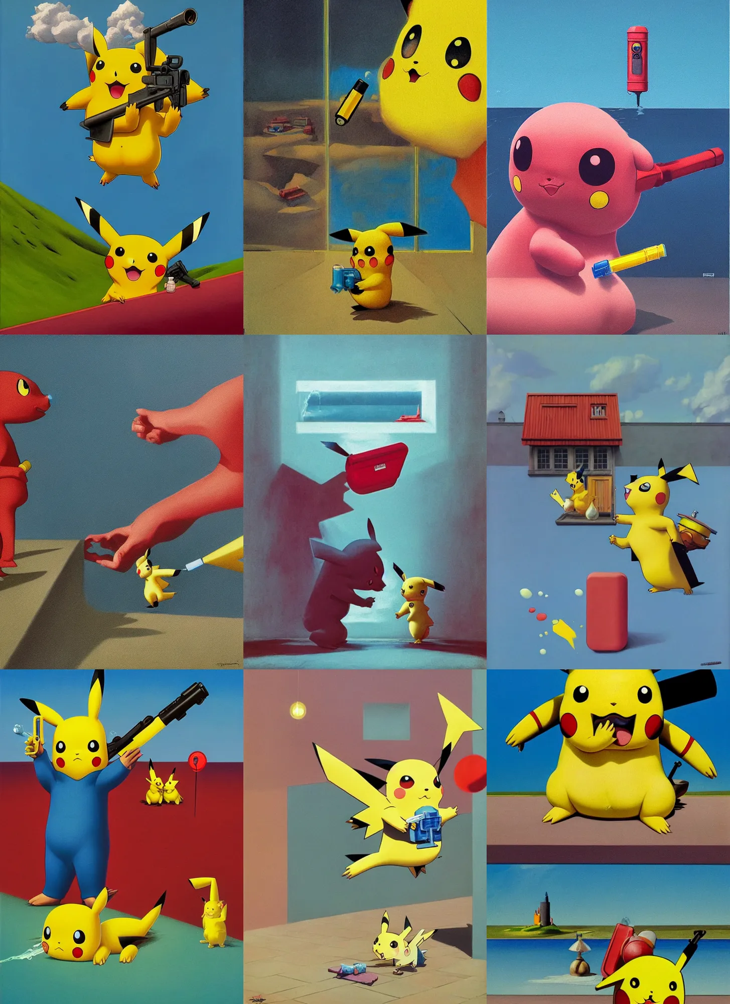 Prompt: Pikachu Embraces the Absurd and uses water gun, It\'s super effecitve Edward Hopper and James Gilleard, Zdzislaw Beksinski, Mark Ryden, Wolfgang Lettl highly detailed