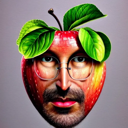 Image similar to apples arranged in the shape of a face resembling steve jobs, fantasy, intricate, elegant, highly detailed, lifelike, photorealistic, digital painting, artstation, illustration, smooth, sharp focus, art by giuseppe arcimboldo