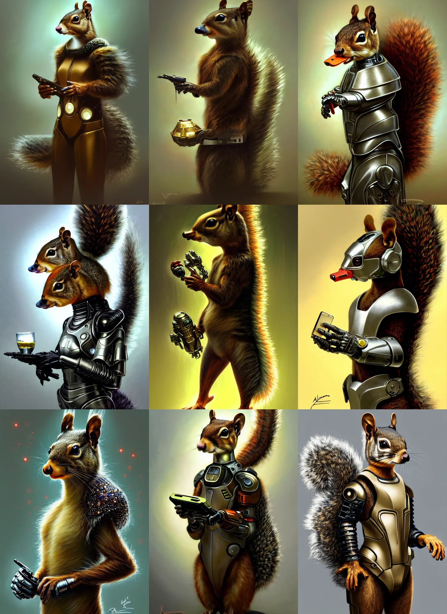 Prompt: a anthropomorphic cyber squirrel duck wearing scifi armor, diffuse lighting, fantasy, intricate, elegant, highly detailed, lifelike, photorealistic, digital painting, artstation, illustration, concept art, smooth, sharp focus, art by john collier and albert aublet and krenz cushart and artem demura and alphonse mucha