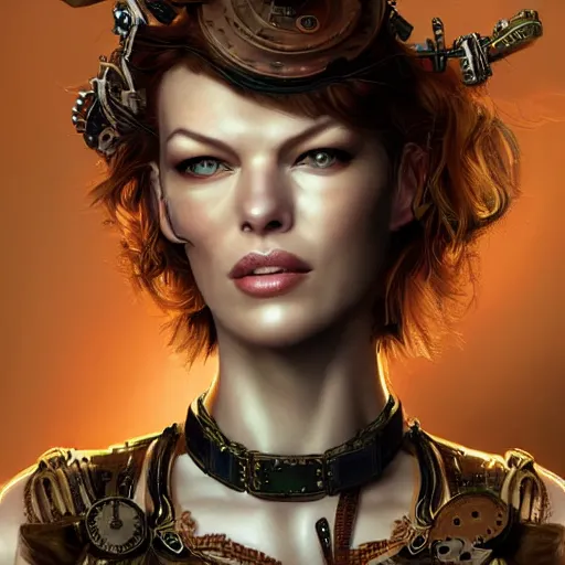 Image similar to beautiful Milla Jovovich in detailed steampunk dress, smooth, sharp focus, illustration, realistic, cinematic, artstation, cinematic, award winning, original modern artwork, set on Singaporean aesthetic, rgb ethereal lighting,8k